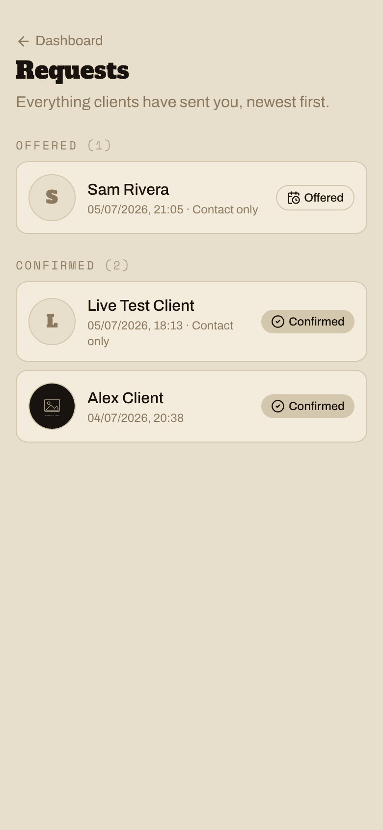 The artist's request inbox grouped by status.