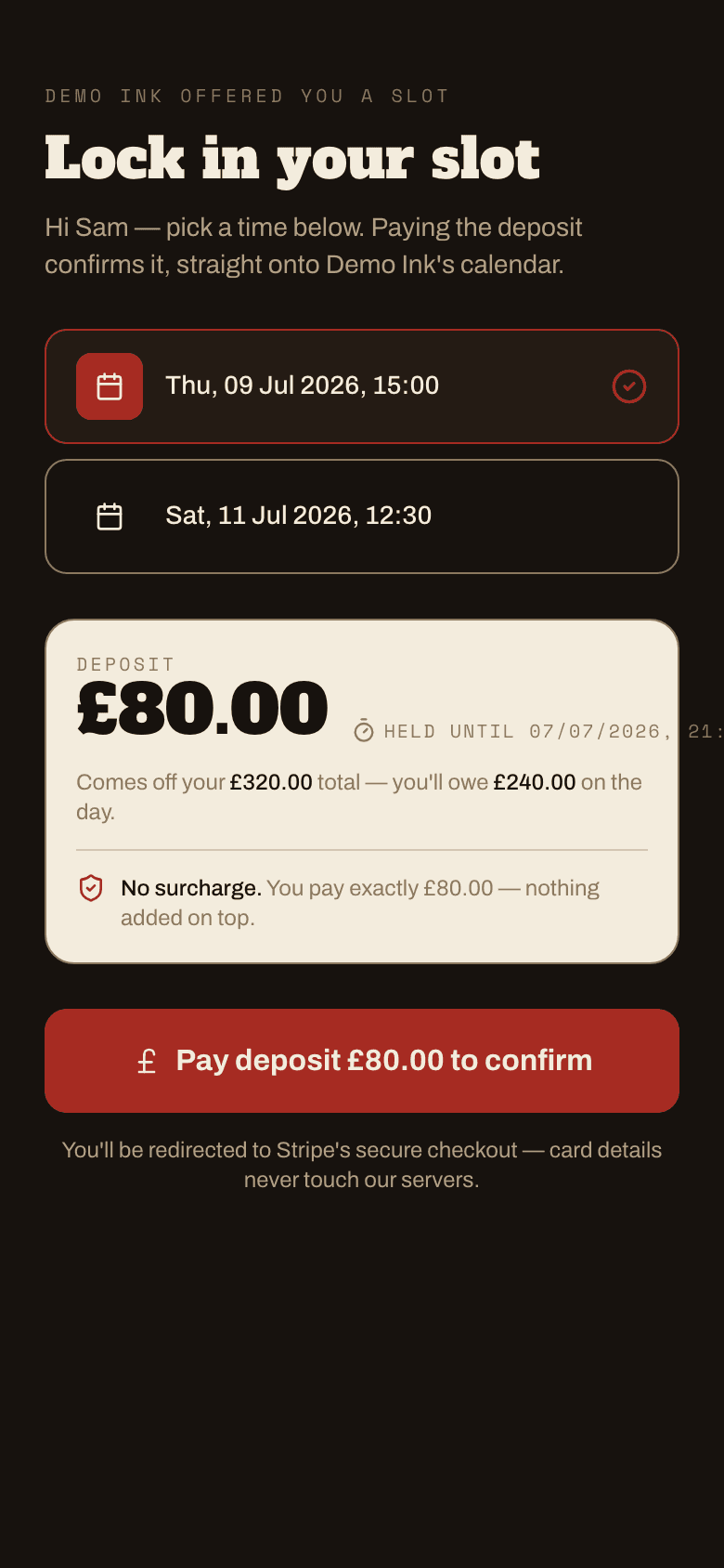 A client's offer page: pick a slot and pay a deposit to confirm the booking.
